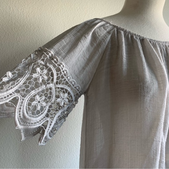Gray lace off the shoulder top.  Light weight with elastic rounded neckline. S/M - Picture 2 of 8